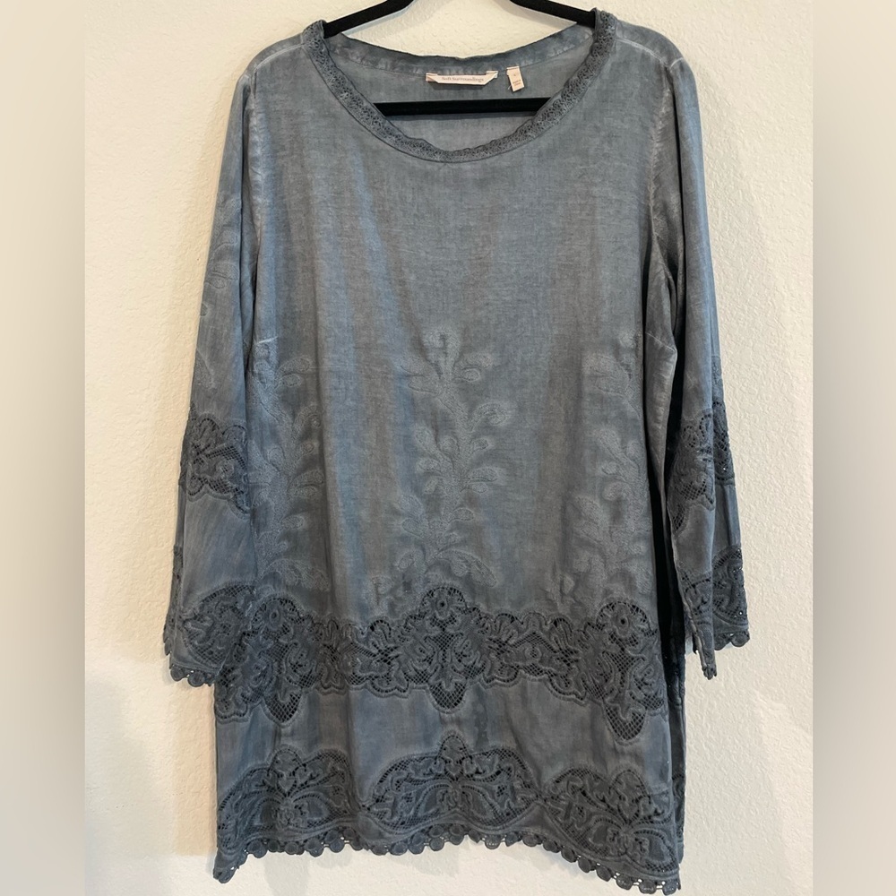Soft Surroundings Women’s Tunic Top Grey 100% Cotton Lace Longline Cottagecore